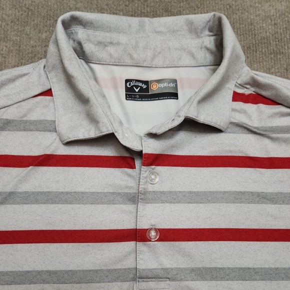 CALLAWAY OPTI-DRI GOLF Polo Shirt Mens L Gray Red Striped Moisture Wicking - Picture 2 of 7